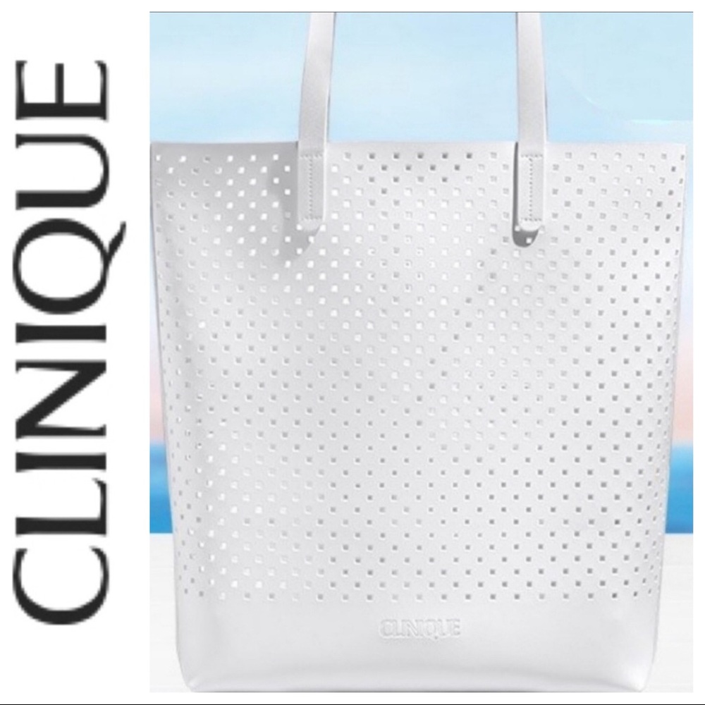 CLINIQUE WHITE PERFORATED FAUX LEATHER TOTE BAG NWT